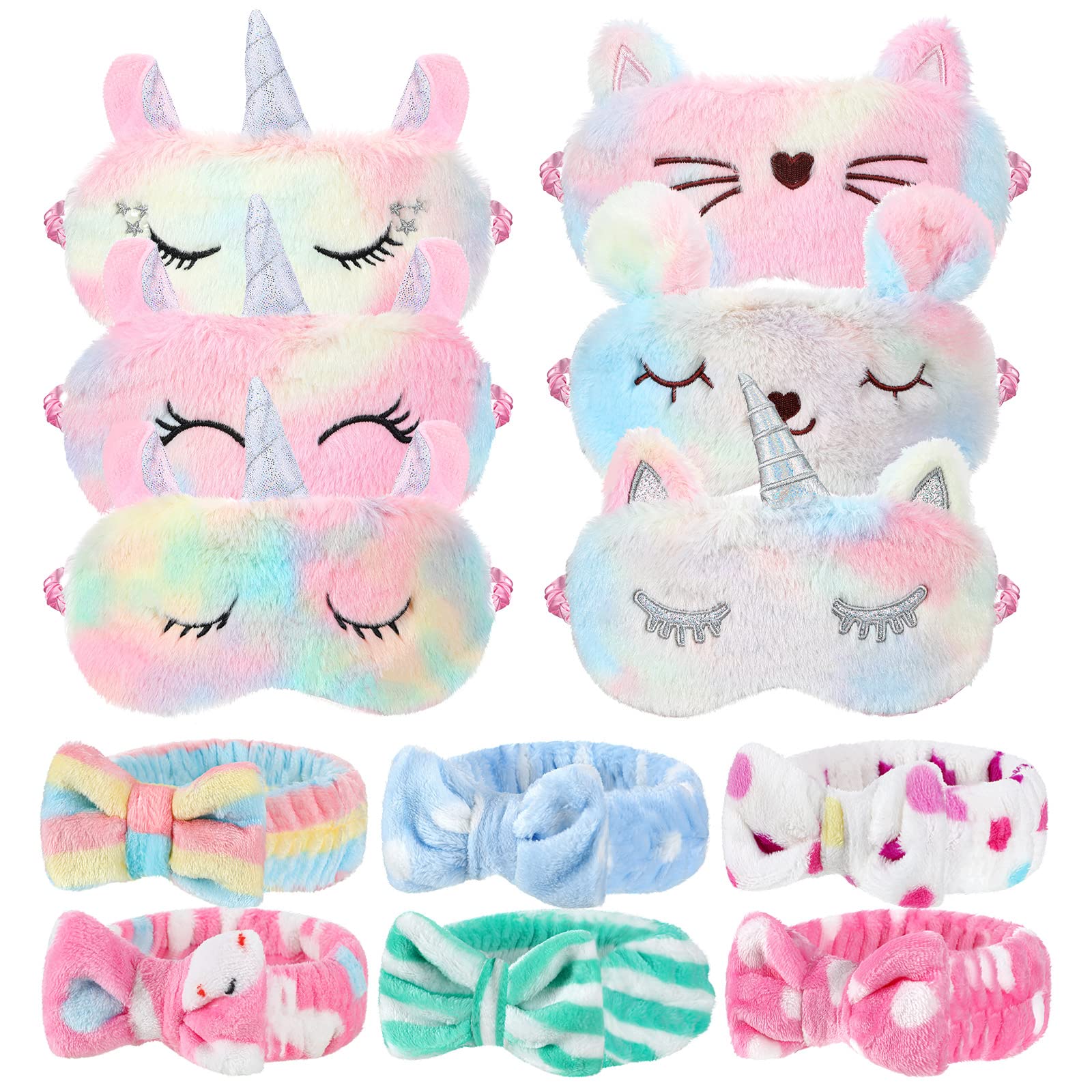 Photo 1 of 12 Pcs Sleepover Party Supplies for Girls Unicorn Rainbow Animal Plush Sleep Eye Mask Soft Spa Headband for Women Overnight Spa Bachelorette Party Favors