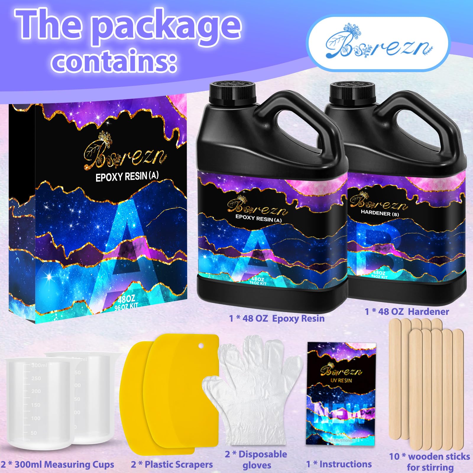 Bsrezn 96OZ Epoxy Resin Kit, Upgraded Crystal Clear Hard Casting Resin and Hardener Epoxy Resina Epoxica Transparente 2 Part Resin Art Supplies for Jewelry Making Mold Table Top Craft 1:1 Starter Kit