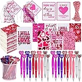 Moinchore 141 Pcs Valentines Notebook Pen Cards Set 35 Valentine Small Pocket Notepads 35 Heart Shaped Ballpoint Pen 35 Valentine Cards 35 Organza Bags for Party Supplies