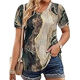 IN'VOLAND Plus Size Tops for Women Summer Puff Short Sleeve Tunic Pleated V Neck Shirts Casual Floral Solid Blouse