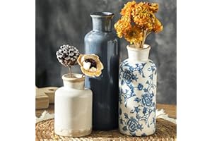 OOIT Ceramic Vintage Vases Set of 3, Blue and White Flower Decorative Vase Chinoiserie Decor Rustic Farmhouse Retro Floral Vases for Table Bookshelf Mantel Kitchen Living Room Office