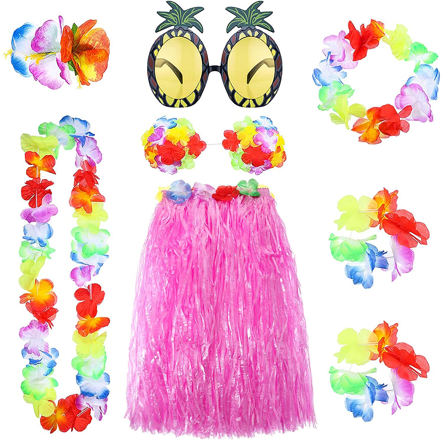 Zariocy 8 Pieces Hawaiian Hula Grass Skirt Sunglasses Leis Necklace Bracelet Set