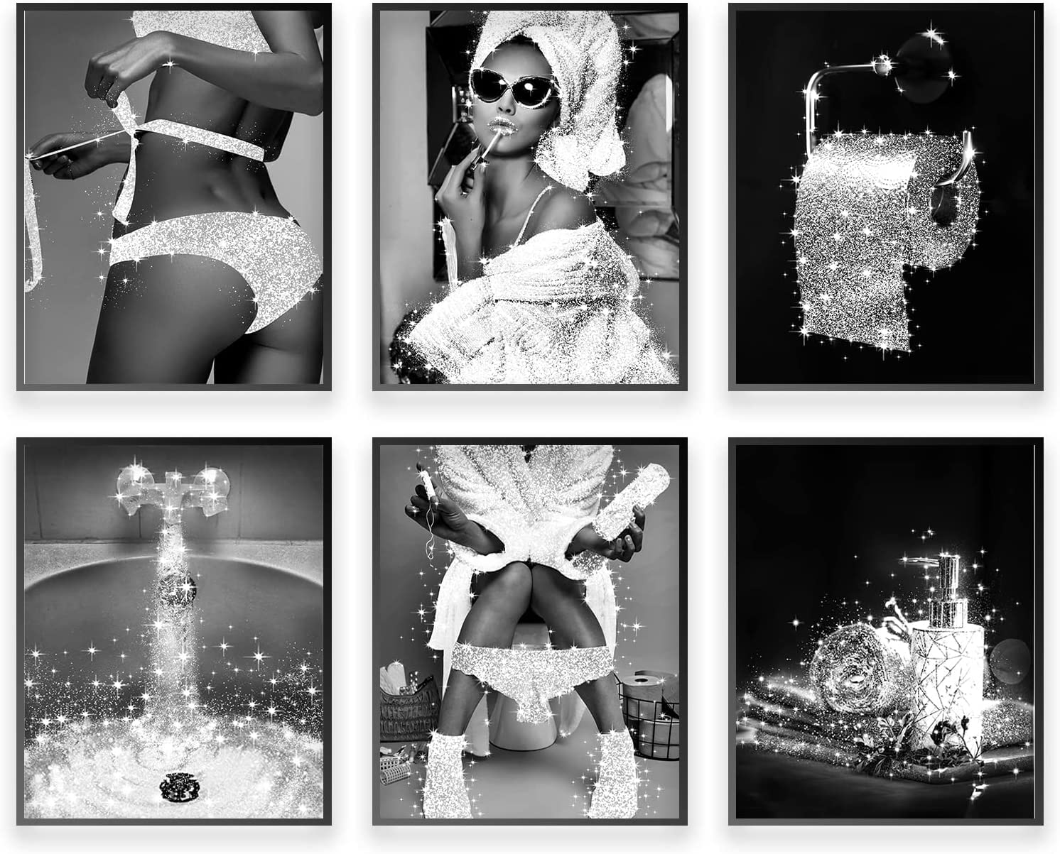 MKHFUW Bathroom Poster of Modern Women, Fashionable Bathroom Wall Decoration, 6-Piece Set, Bathroom Art, Frameless (Black-3.20 x 25 cm x 6)