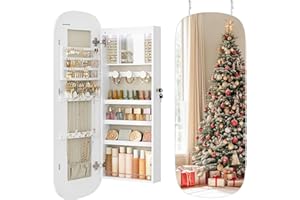 SONGMICS Jewelry Organizer, LED Jewelry Cabinet Wall/Door Mounted, Lockable Rounded Wide Mirror with Storage, Christmas Gift 3.9 x 16.5 x 42.5 Inches, White Surface with Greige Lining