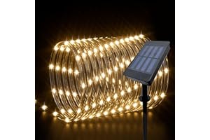 IJG Solar Rope Lights Outdoor 66FT 200LED, Waterproof Christmas String Lights with 8 Modes & Timer, Dual-Power (Solar/Battery) for Garden, Yard, Trampoline, Patio - Warm White