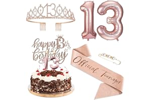 AgQrDkrc 13th Birthday decorations for girls,Rose gold,Include 13th Sweet Rhinestone Tiara Crown,Birthday Queen Sash with Pearl Pin,Cake topper,Number Candles and Balloons