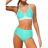 ADIFUN Girls Swimsuit V-Neck Solid Color Stripe Tie Back with Cover Up Skirt 3 Piece Bikini Set Teen Girl Bathing Suits