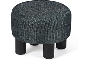 Joveco Foot Stool Small Round Ottoman, Linen Fabric Footrest with Non-Skid Plastic Legs, Pet Step Stool Padded Foot Rest for Couch Desk Chair Office Living Room Dogs (Blue-Black)
