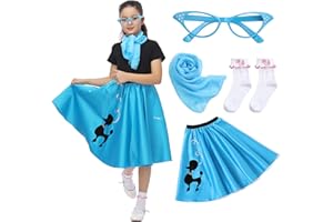 Rabtero Kids Sock Hop Costume, Girls 1950s Dress Costume, 50's Poodle Skirt with Scarf, Glasses and Socks