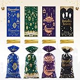 Threetols 100 PCS Eid Mubarak Cellophane Treat Bags, Ramadan Kareem Cellophane Treat Favor Bags Green Eid Moon Clear Cookie Candy Bags Gift Cellophane Bags with Twist Ties for Eid Mubarak Party Supply