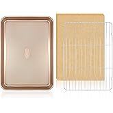 SEIION 1 Pack 17'' Baking Sheet Set with Rack and Parchment Paper (1Pans + 1 Racks + 50 Papers), Non-Stick Cookie Sheets with Food Cooling Rack, Heavy Duty & Warp Resistant Baking Sheet Pan