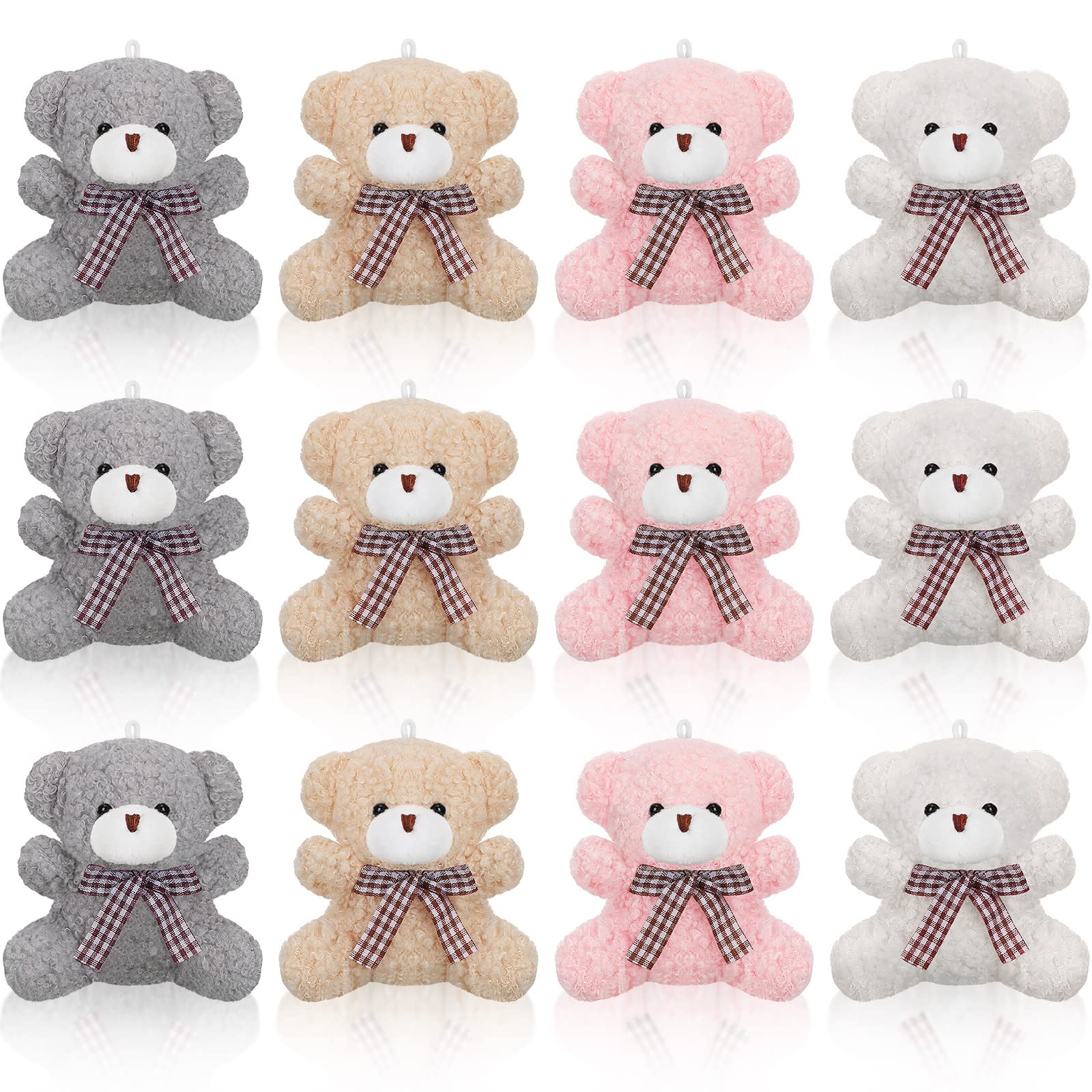 Zomiboo 12 Pieces 4 Inch Plush Mini Bear Bunny Puppy Koala Easter Stuffed Animals Jointed Toys Furry Dolls Birthday Wedding Graduation Party Favors DIY Keychain (Pink, Apricot, Gray, White, Bear)