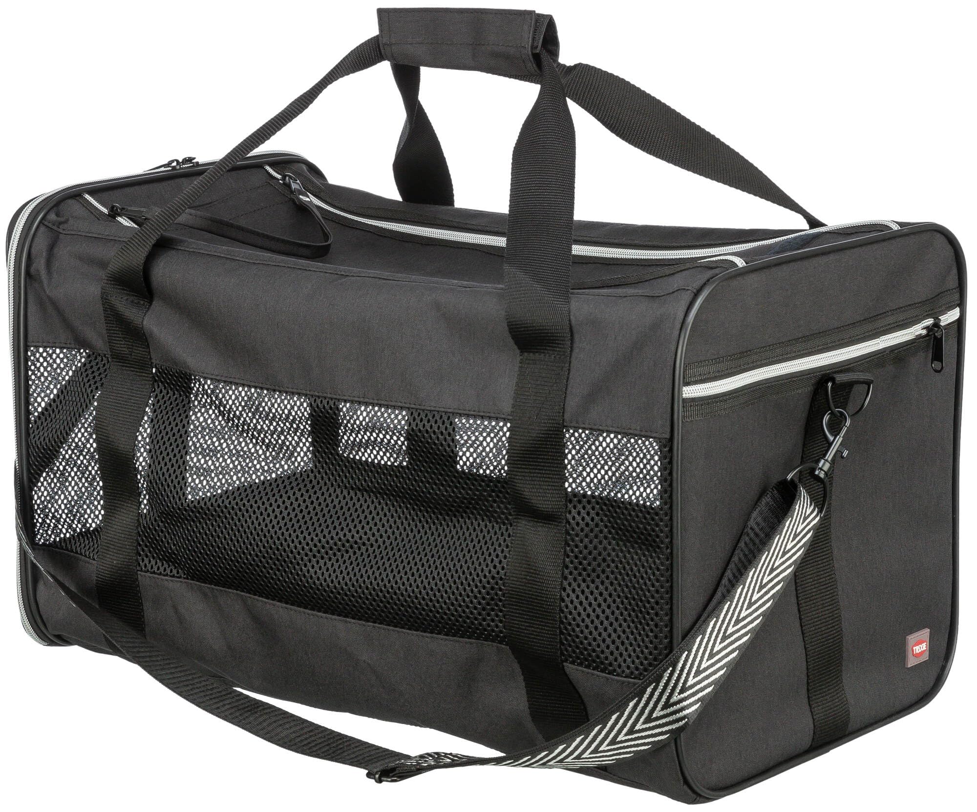 TRIXIE Ryan Transport Bag for Dogs – 26 × 27 × 47 cm – up to 6 kg – opens at the top – removable shoulder strap & short leash – outer pocket – removable base plate – 28841