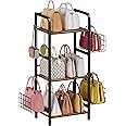 Tuohours 3-Tier Purse Organizer Rack, Iron & Wood Floor-Standing Bag Storage Holder with Adjustable Side Basket and Hook Handbag Organizers Display Stand Shelf for Closet, Bedroom, Entryway, Black
