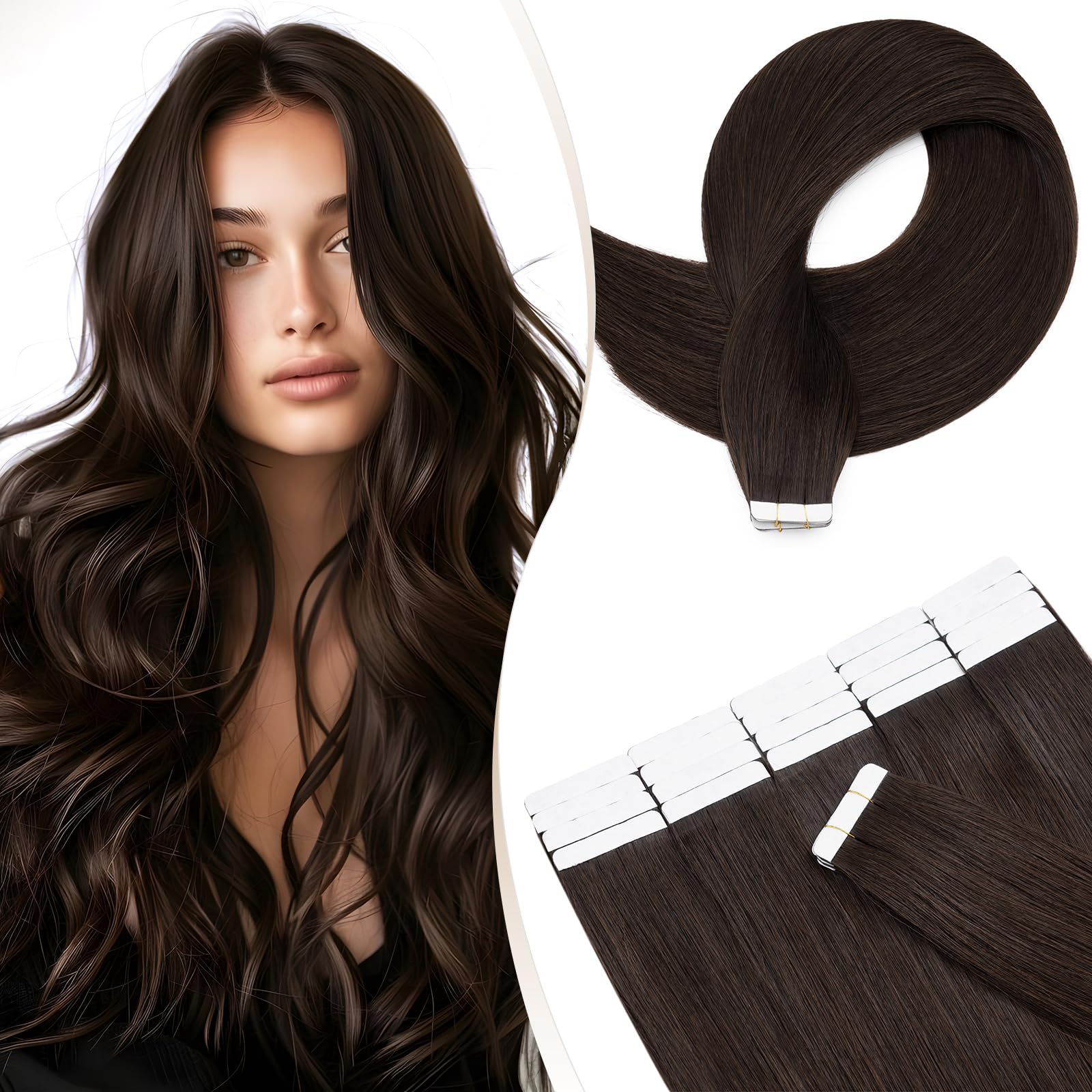 Elailite Brown Tape in Hair Extensions Human Hair 20 Pcs - Seamless Thin Type Skin Weft Remy Real Hair Extension (#2 Dark Brown, 12 Inch-30g) โ image 1