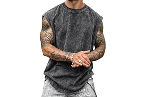 Men's Summer Cotton Washed Distressed Tank Top Sleeveless T-Shirt Casual Vacation Beach Sports Athletic Fitness Retro Style