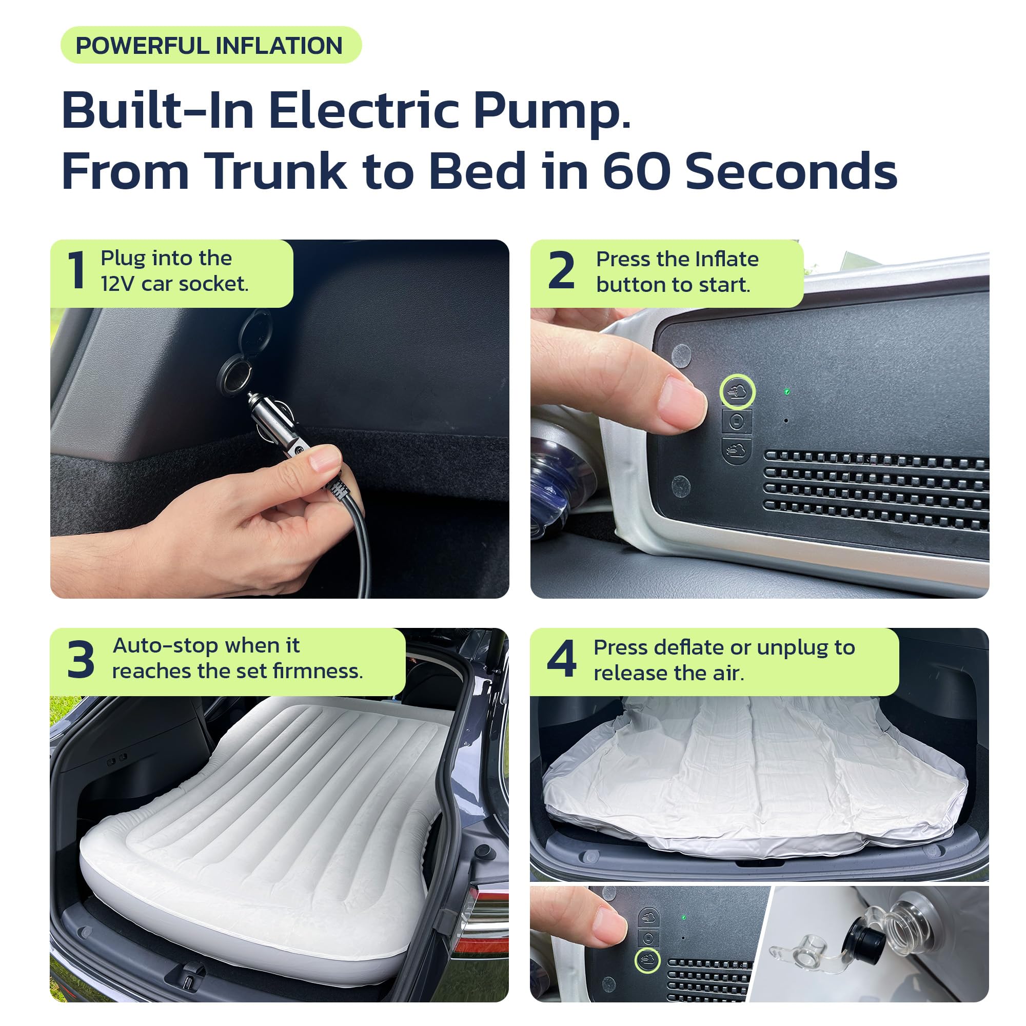 Woowind Inflating Air Mattress Compatible withTesla Model Y Self (2020–2025, Juniper) 2-Person Car Camping Inflatable Bed for Trunk/Back Seat Folded, Built-in 12V Pump with Auto-Stop