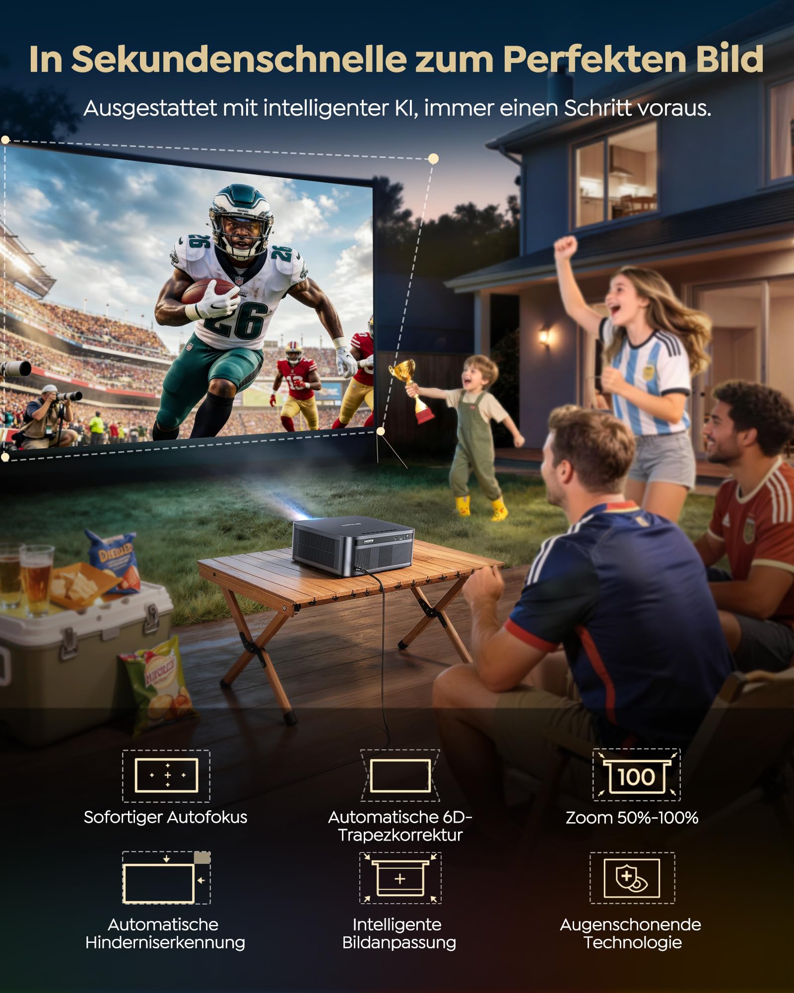 Beamer 4K mit Google TV 14.0, 2200 ANSI, MEMC, HDR10, 40W Dolby Audio, 4K Beamer Heimkino KI-Bildanpassung Smart Projektor Google Sprachsteuerung 2-Wege Bluetooth 5.4 WiFi6 2+32GB HDMI 2.1 7