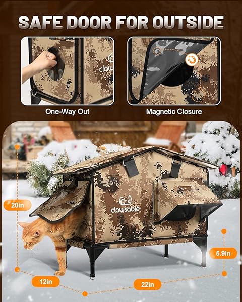 UPGRADED HEATED CAT HOUSE FOR OUTSIDE ESCAPE DOOR, HIGHLY INSULATED HEATED OUTDOOR CAT HOUSE WATERPROOF AWNING, WEATHERPROOF OUTDOOR FERAL CAT SHELTER FOR STRAY WINTER