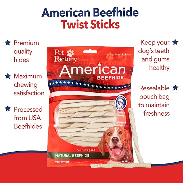 PET FACTORY AMERICAN BEEFHIDE 5″ TWIST STICKS DOG CHEW TREATS – NATURAL FLAVOR, 1 LB