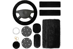 Frienda 10 Pcs Fluffy Car Steering Wheel Covers Handbrake and Gear Shift Cover Seat Belt Shoulder Pads Diamond Mat Ignition Ring Ball Key Chain Armrest Box Mat Car Accessories Set(Black)