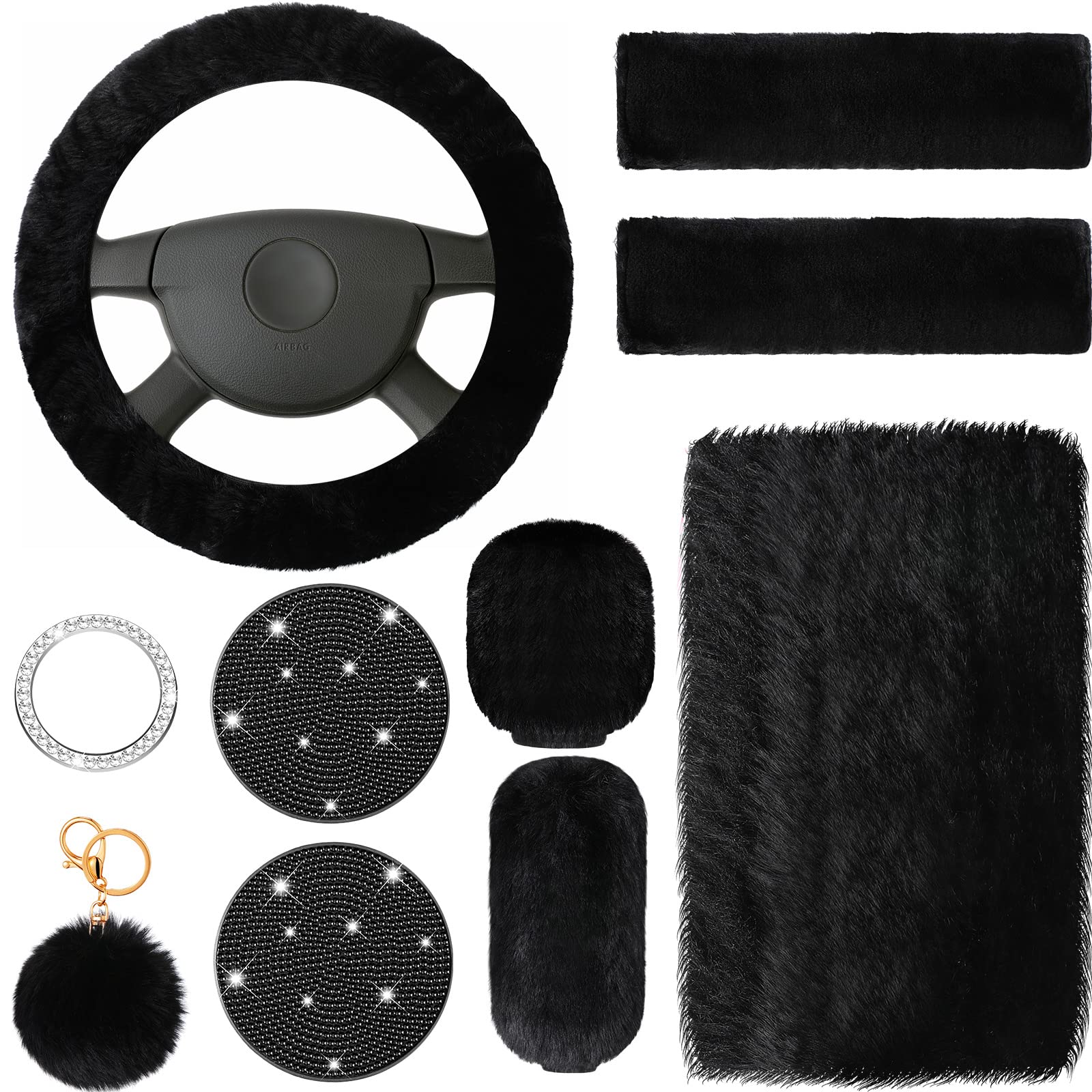 Photo 1 of Frienda 10 Pcs Fluffy Car Steering Wheel Covers Handbrake and Gear Shift Cover Seat Belt Shoulder Pads Diamond Mat Ignition Ring Ball Key Chain Armrest Box Mat Car Accessories Set(Black)