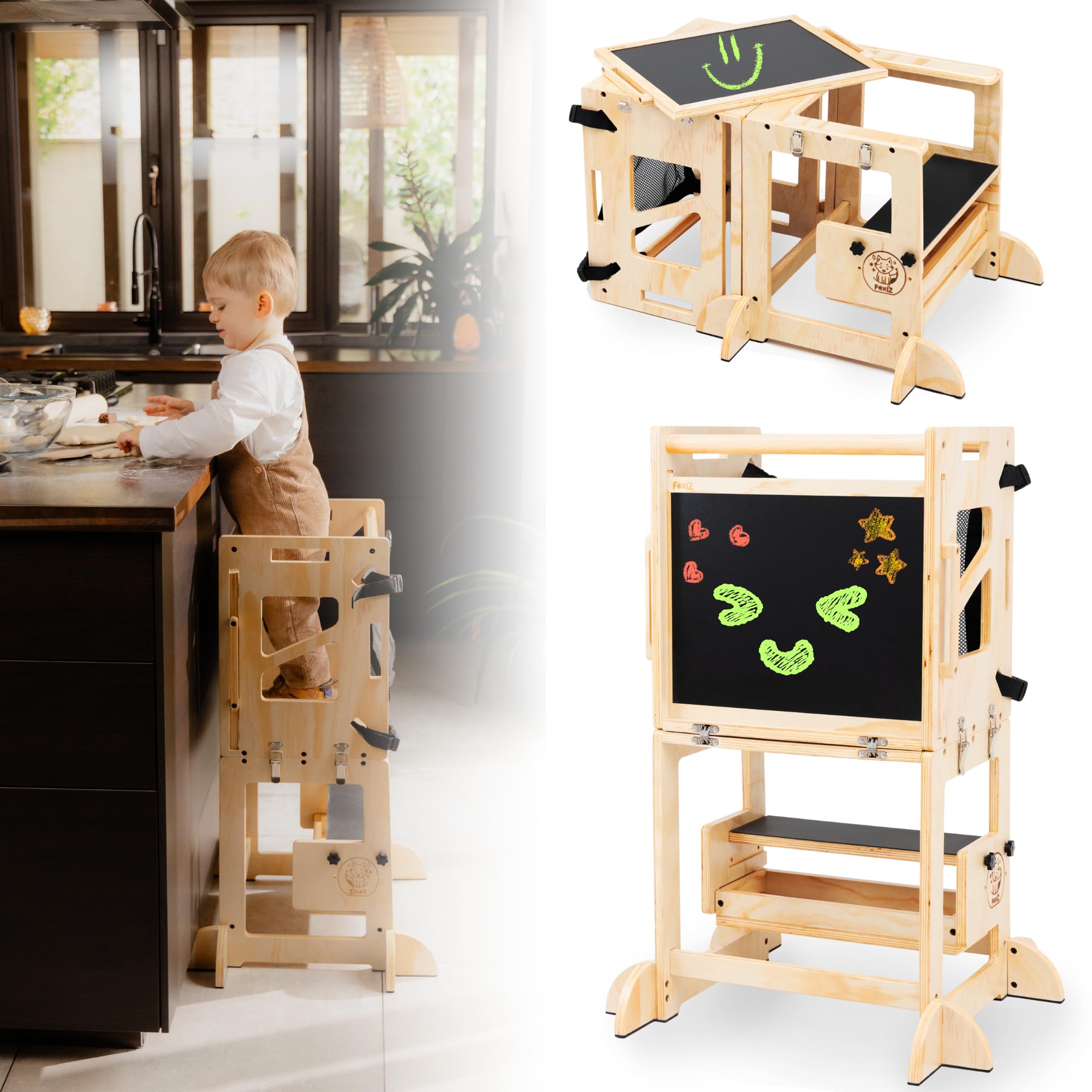 Photo 1 of FoxiZ 4-in-1 Montessori Smart Learning Tower – Convertible Toddler Step Stool, Activity Table & Chalkboard Center, Adjustable Height with Safety Net – Premium Eco-Friendly Wooden Design for Kids 1–3