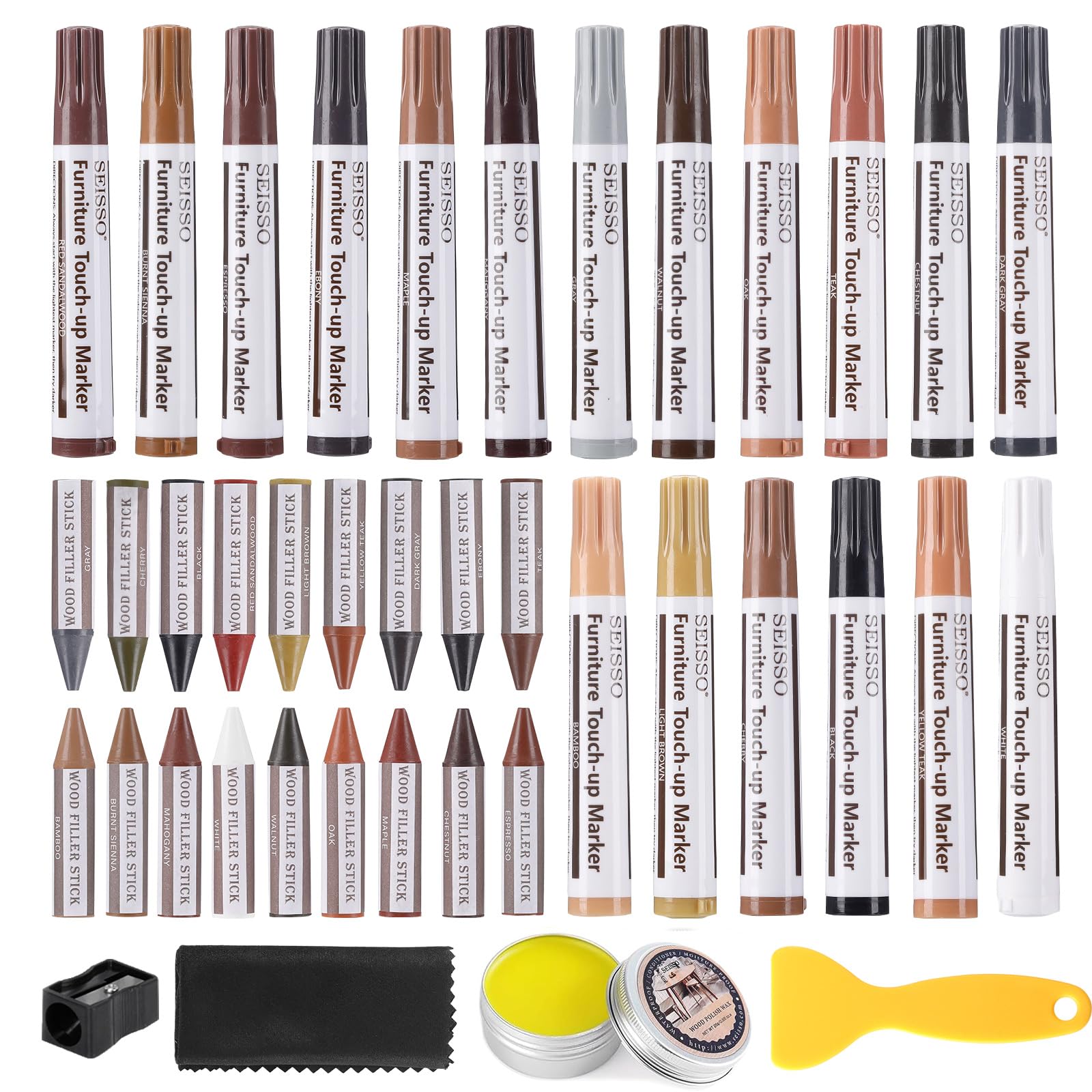 SEISSO 18 Colors Repair Pen +18 Colors Small Crayon + Wood Wax Oil Set Wood Furniture & Floor Repair Kit Repair Markers and Wax Sticks, Polish Wax Repair kit for Restoring Scratches, Stains, Cracks