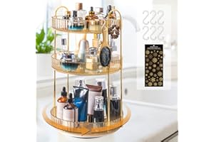 Megapuxin Makeup Organizer for Vanity,360° Rotating Large Skincare Make Up Storage Perfume Organizers Cosmetic Dresser Organizer Countertop Organizer with Extra Hooks DIY Stickers for Bathroom