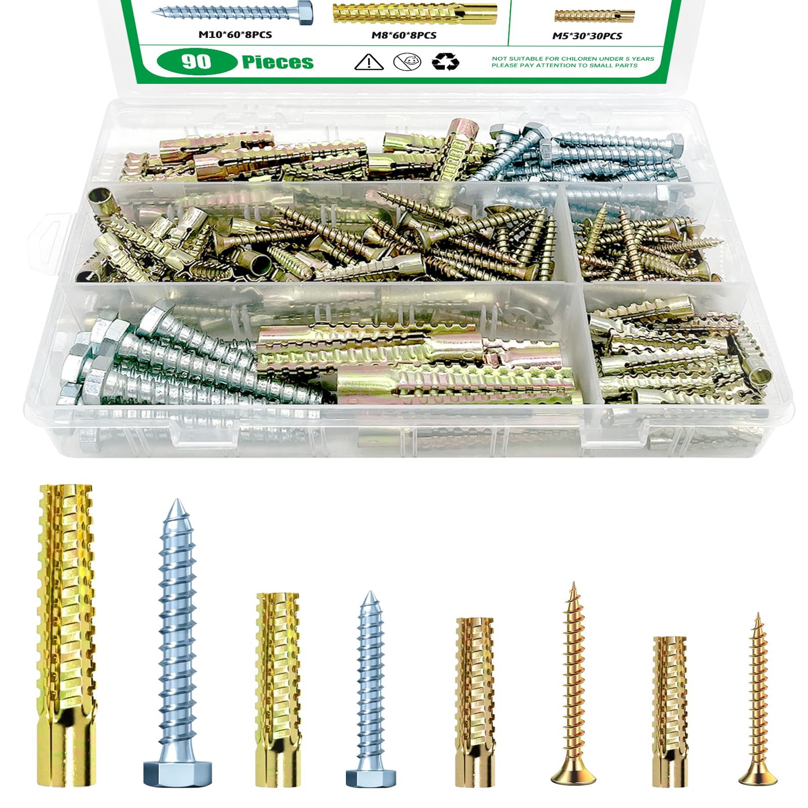 Yauhar 180Pcs / 90 Sets 4 Size Steel Wall Anchor with Screws, 5x30mm, 6x32mm, 8x38mm, 10x60mm Heavy Duty Loose Hinge Hole Repair Kit for Concrete, Hollow and Wooden Wall