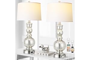 HAMUCD 3-Way Dimmable Touch Control Mercury Glass Lamps Set of 2for Bedroom with USB A+C Contemporary Silver Living Room Lamps Modern Nightstand Lamps with White Lampshades(Bulbs Included)