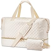 Gloppie Weekender Bags for Women with Shoe Compartment, 39L Large Travel Duffel Bag, Carry On Overnight Gym Bags with Wet Pocket, Hospital Bag for Women Labor Delivery, 2 Pcs Set, Beige