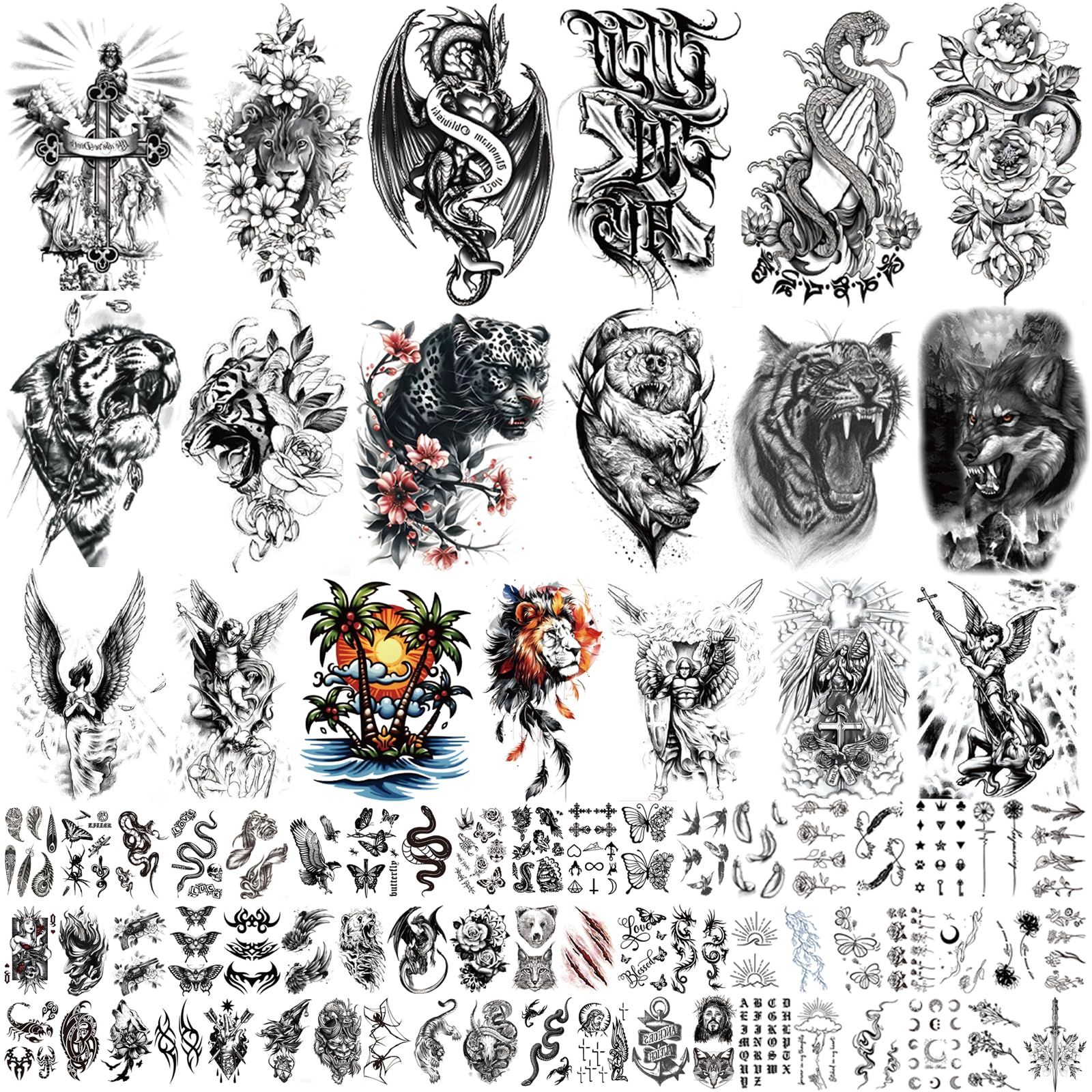 Photo 1 of 105 Sheets Large Temporary Tattoos For Women Men Adult, Dragon Tiger Wolf Tribal Christian Floral Halloween Fake Tattoo Stickers, Black Realistic Arm, Leg, Hand Body Waterproof Art