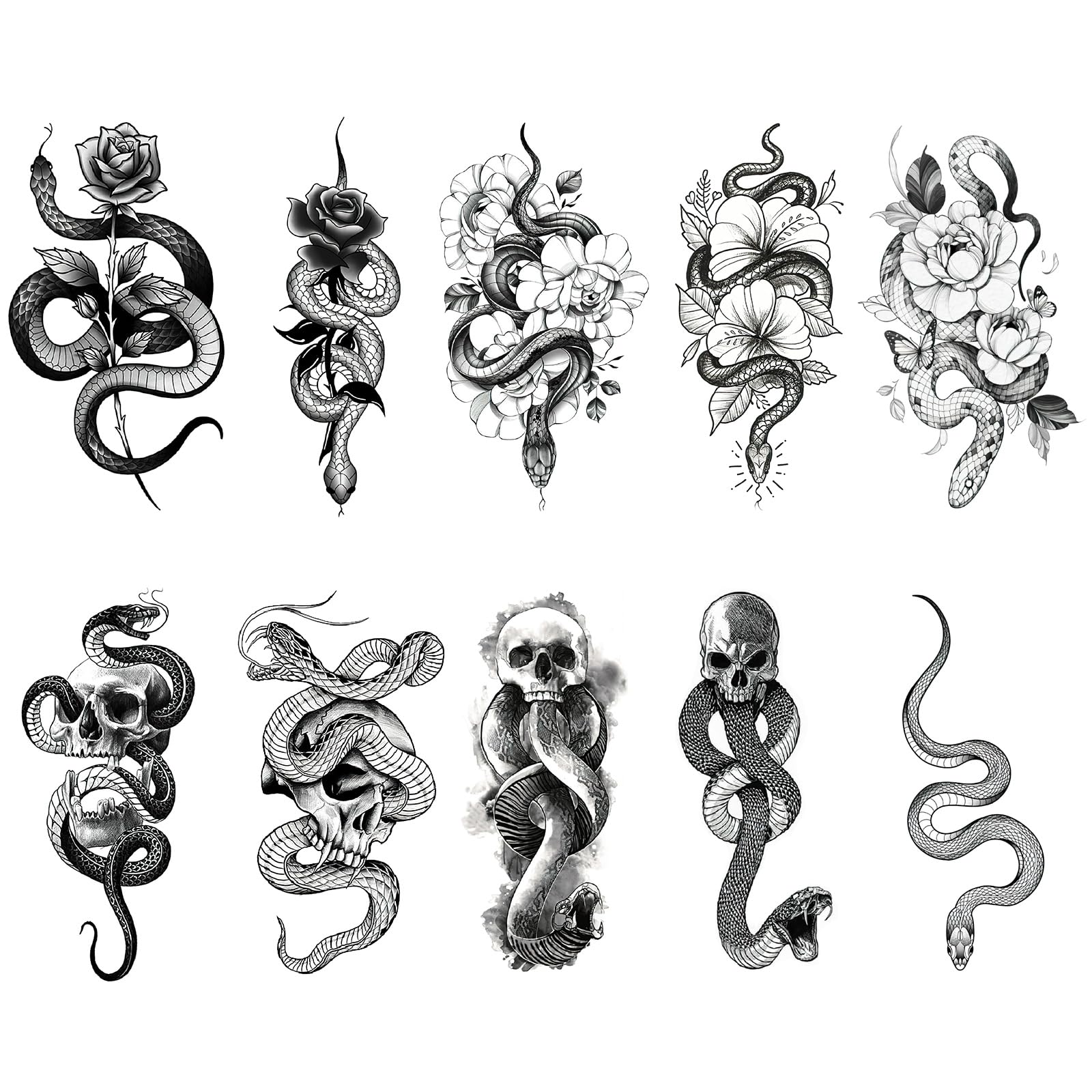 10 Sheets Snake Temporary Tattoos,Flower and Snake Tattoo Temporary Patterns Dark Mark Mamba Snake Temporary Tattoo Stickers waterproof lasting fake tattoos for Makeup Accessories Decorations