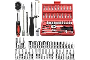 YWHWLX 46 Pieces 1/4 in. Drive Ratchet Socket Wrench Set with Storage Case, Includes Metric Bit Sockets and Extension Bar for