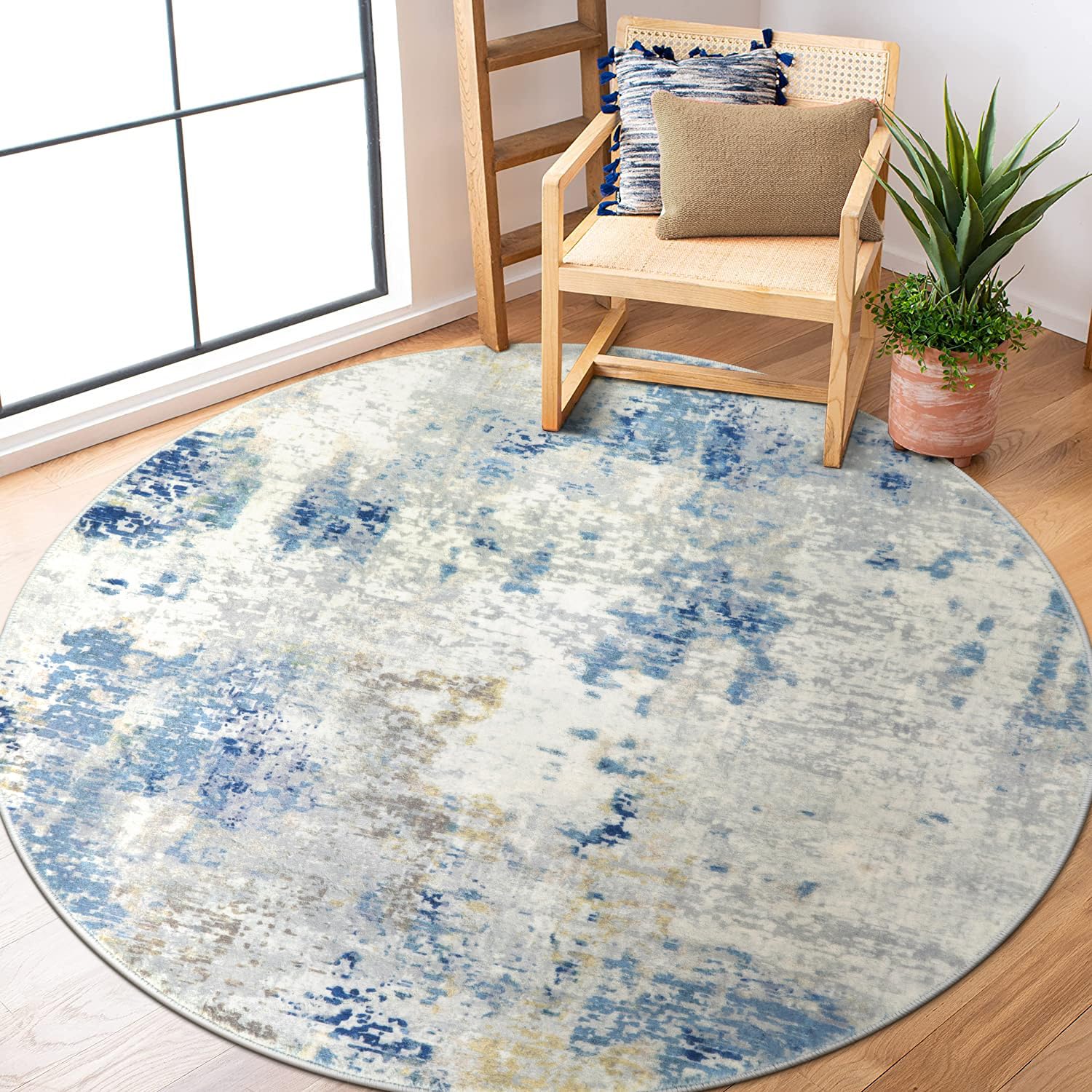 Photo 1 of Lahome Washable Round Rug 5Ft, Blue Modern Abstract 5x5 Circle Rugs for Living Room Bedroom, Soft Contemporary Large Indoor Carpet for Kitchen Apartment Basement Home Office