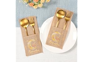 5 Pcs Ramadan Kareem Burlap Cutlery Bag, Gold Moon Star Pattern Silverware Holder Knife and Fork Decoration Bag, Tableware De