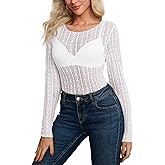 OMSJ Womens Lace Floral Mesh Tops Long Sleeve Sexy See Through Blouse Round Neck Layering Top Shirts