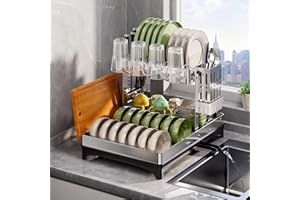 304 Stainless Steel Dish Drying Rack, 2-Tier Dish Rack for Kitchen Counter, Large Dish Racks with Drain Board, Cutting Board 
