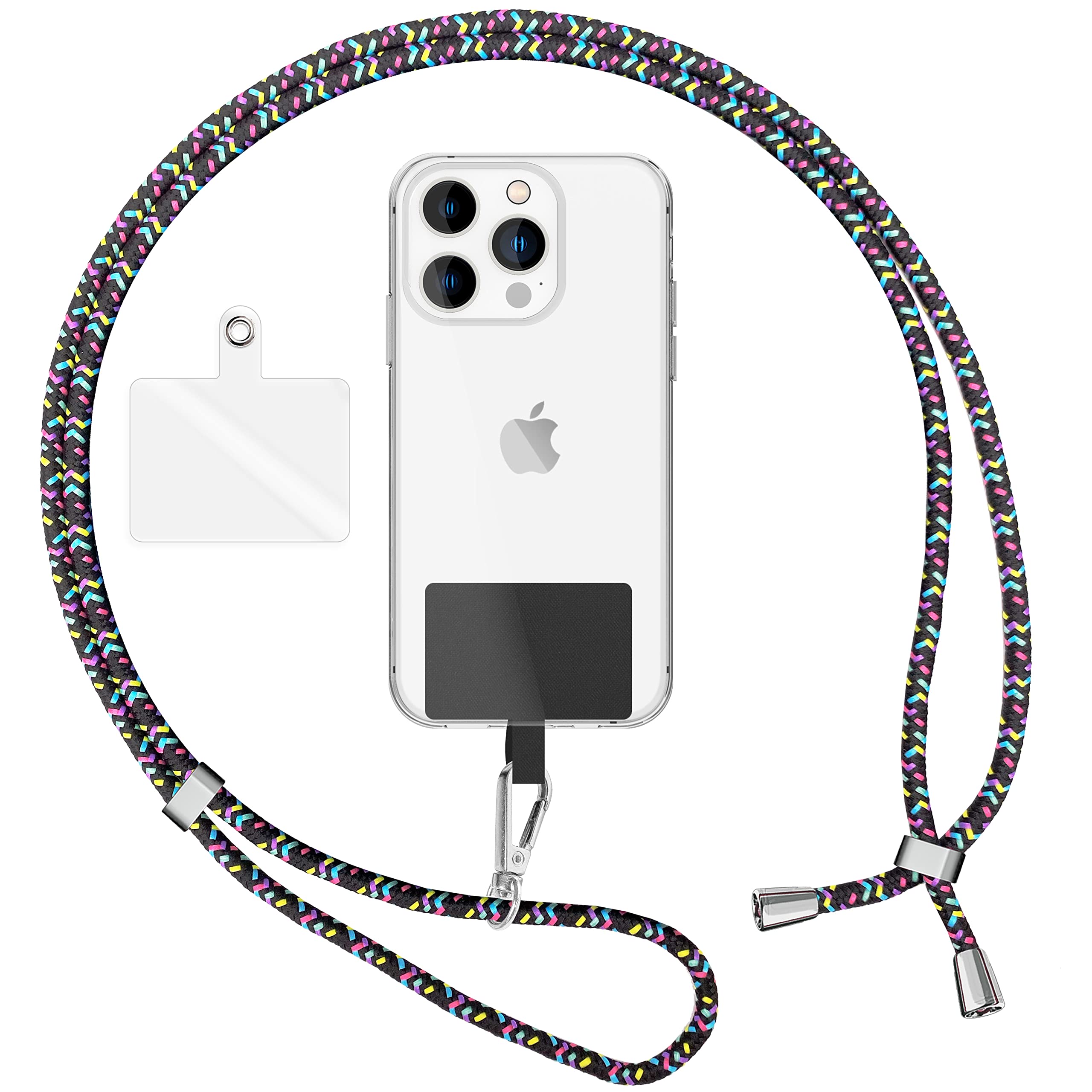 NALIA Colorful Universal Lanyard Phone Case Strap, Adjustable Cord 160 CM Nylon Crossbody Cell Phone Holder, Neck Strap Wrist Strap, Key Chain Metal Hook Carabiner Inlay Pad, Color:Black Colorful