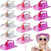 Coume 12 Pcs Cowboy Hat Sparkly Glitter Neon Cowgirl Hat for Women Holographic Space Cap for Bachelor Western Cowboy Party
