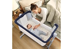 LI'L PENGYU Li’l Pengyu Baby Bassinet Bedside Sleeper - Adjustable Crib All Mesh for Newborn Girl and Boy Infant Bed with Wheels (Navy Blue)