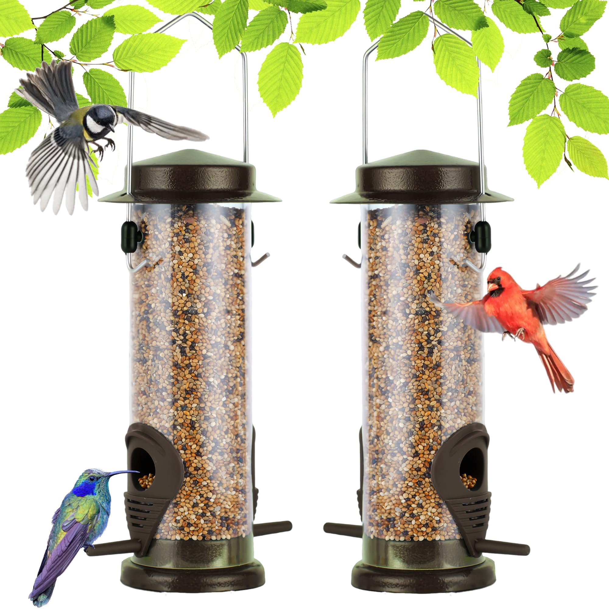 Hanging Bird Feeders Bird Seed Feeder Metal Wild Bird Feeding for Garden 2 Ports Heavy Duty Bird Feeders Weatherproof 2 Packs-Coffee