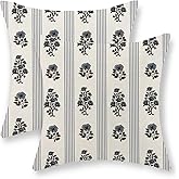 GOLIANDA Floral Pillow Covers 18x18 Inch Set of 2 Block Print Blue Throw Pillows Vintage Flower Boho Outdoor Decorative Pillow Cases Striped Farmhouse Linen Cushion Case for Couch Sofa Bed Decoration