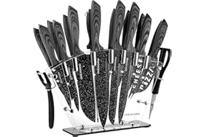Dockorio all in one Kitchen Knife Set with Block, 19 PCS High Carbon Stainless Steel Sharp Serrated Steak Knives Set, Chef Knives, Bread Knife, Scissor, Sharpener,