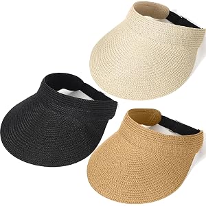 3 Pack Women Straw Sun Visor Hats, Wide Brim UV UPF 50+ Protection Beach Visor, Packable Adjustable Summer Hats for Traveling