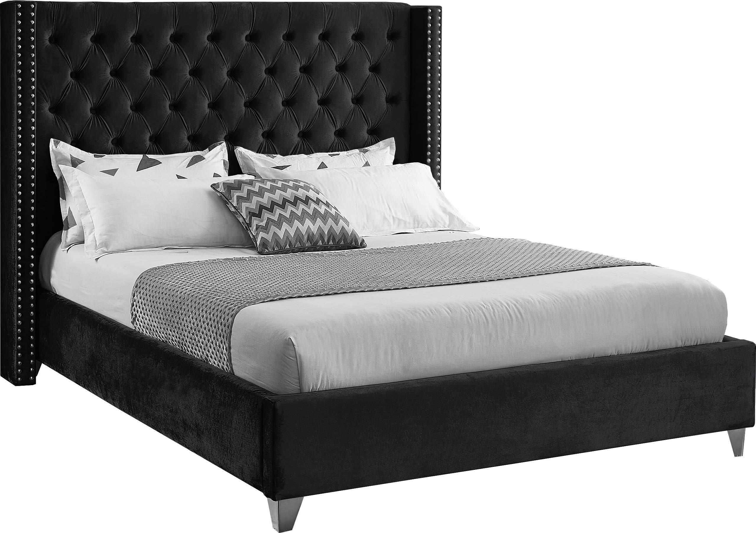 Photo 1 of  box 1 of 2 Meridian Furniture Aiden Collection Modern | Contemporary Velvet Upholstered Bed with Deep Button Tufting, Solid Wood Frame, and Custom Chrome Legs, King, Black