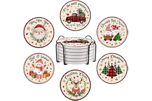 CTATDIOP Merry Christmas Coasters Set of 6 with Holder, Santa Claus Elk Round Coasters Xmas Gift, Christmas Gnome Snowman Absorbent Ceramic Stone Coaster, Xmas Red Car Drink Coaster Kitchen Decor, 4in