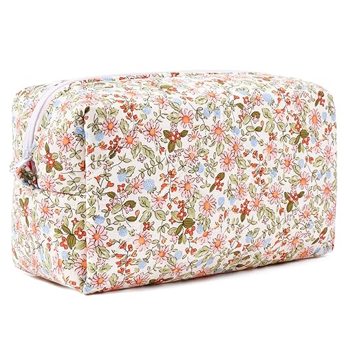 SOIDRAM Quilted Makeup Bag Floral Cosmetic Bag Puffy Coquette Makeup pouch  Aesthetic Cute Pink Large Travel Toiletry Bag Organizer cotton Makeup