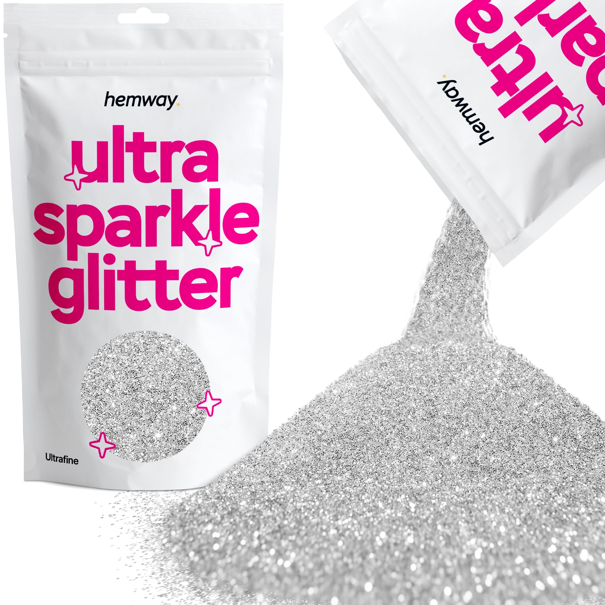 Hemway Ultra Sparkle Glitter Silver 100g Ultrafine | Glitter for Arts & Craft, Makeup, Nail Art, Crafting, Card Making, Sparkle Decoration